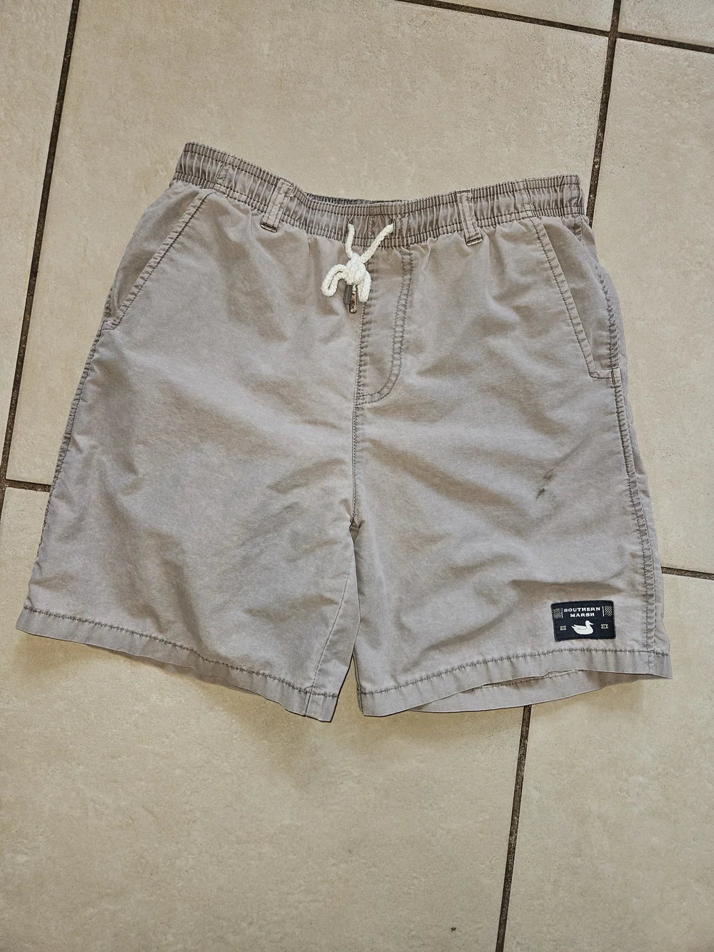 Southern Marsh Kids Taupe Swim Trunks with White Drawstring